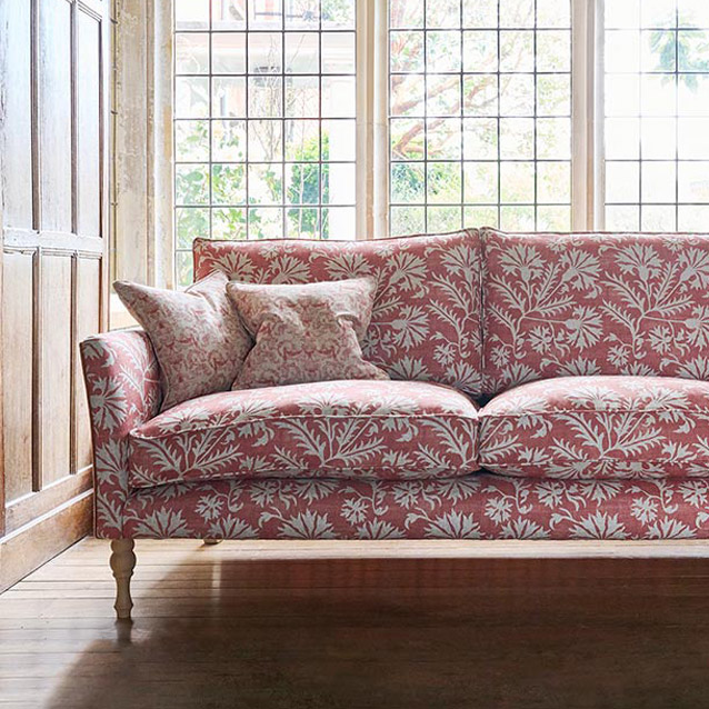 Brunel 3 Seater Sofa in Gertrude Jekyll Meadow Flower Reversed Terracotta with Back and Sides in Mohair Kiln and Scatters in Gertrude Jekyll Ornamental Terracotta